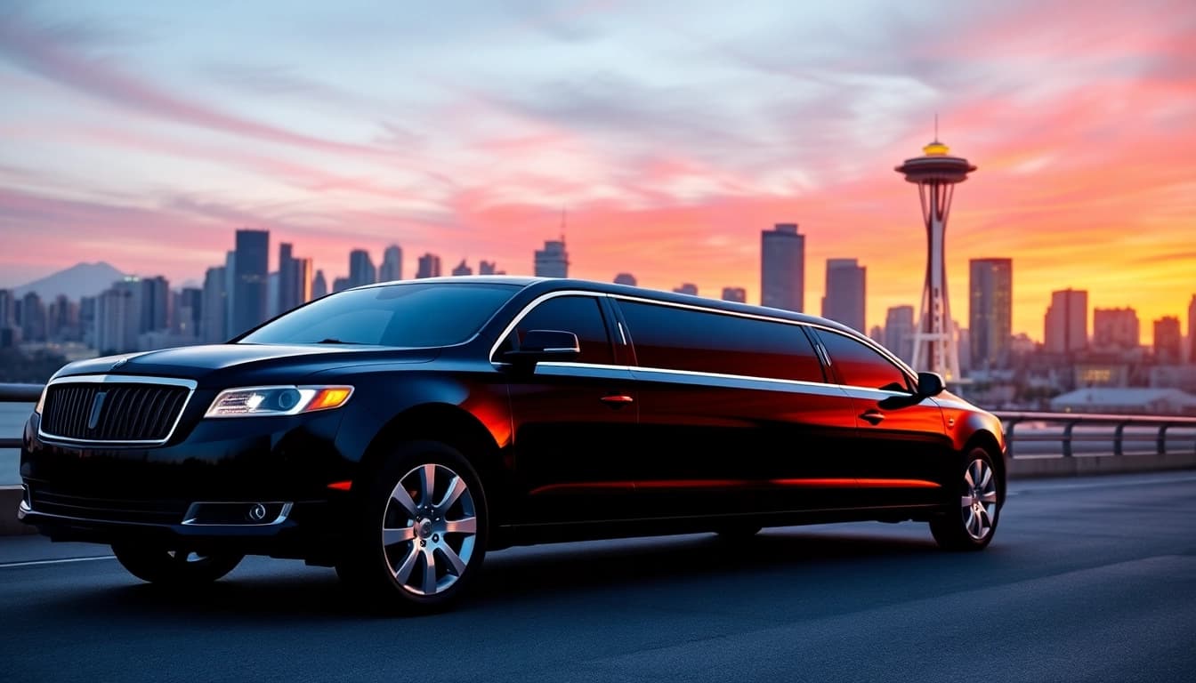 Experience limo service vancouver to seattle with a luxurious black limo set against city skylines.