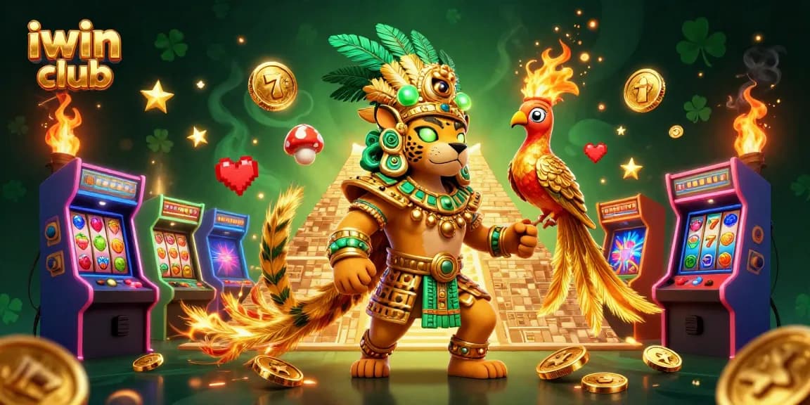 Experience the thrill of iwin club with a vibrant casino-themed illustration featuring a Mayan jaguar priest.