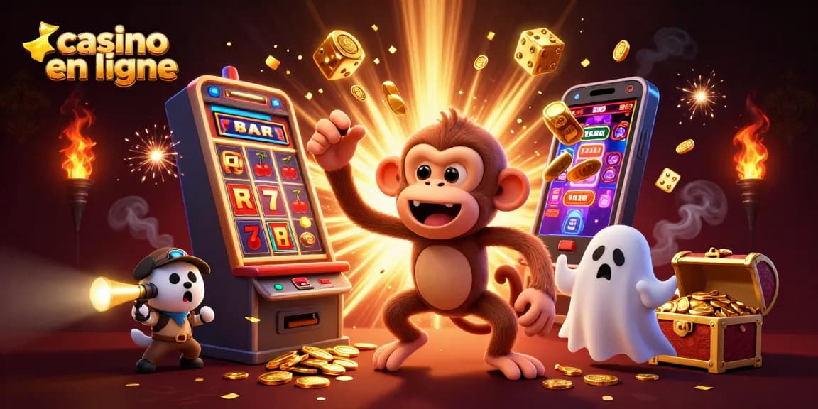 Illustration dynamique de casino en ligne avec un singe fantôme et un chien chasseur.