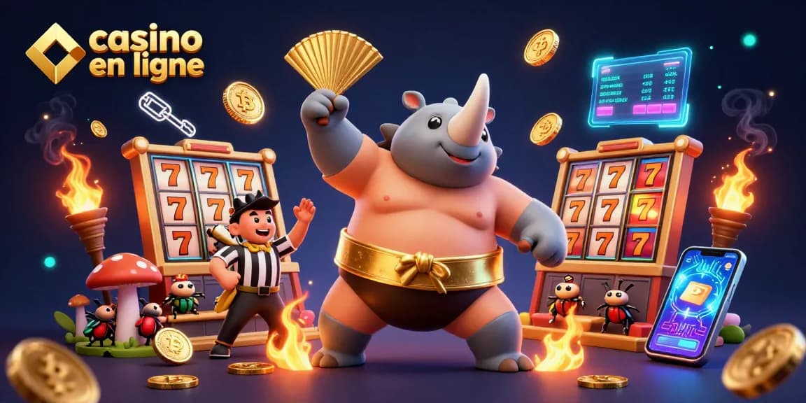 Le casino en ligne prend vie avec un scarabée rhinocéros champion de sumo passant à l'action, entouré de jetons et d'innovations numériques.