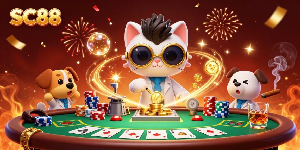 SC88 inspires thrilling poker action with mad scientist cat and dog in a dynamic casino scene