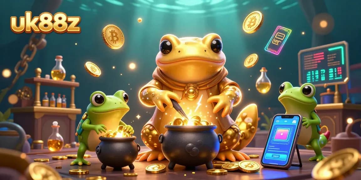uk88z showcases a vibrant 3D illustration of a golden salamander alchemist in a medieval lab transmuting currencies, blending fantasy and gambling.