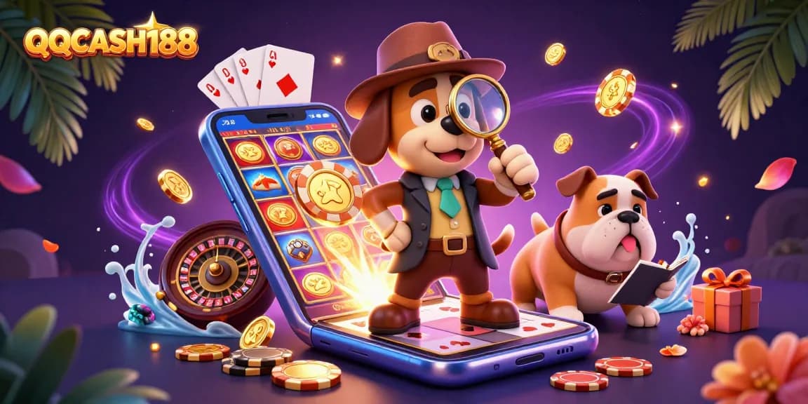 Engage with QQCASH188 as a detective and bulldog uncover treasures in a vibrant casino scene.