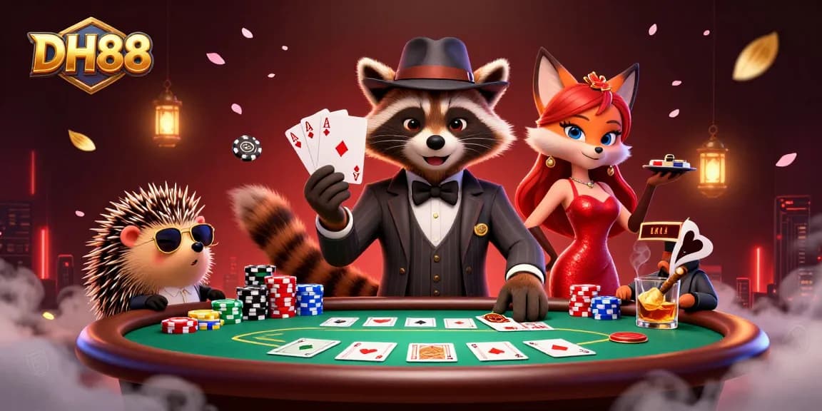 Experience thrilling poker action with DH88 as a suave raccoon leads the game, showcasing excitement and strategy.