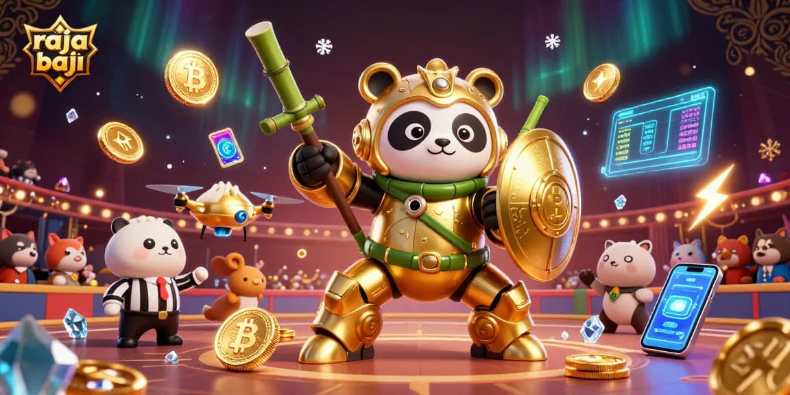 Experience the excitement of raja baji with a dazzling arena scene featuring vibrant 3D characters and crypto elements.