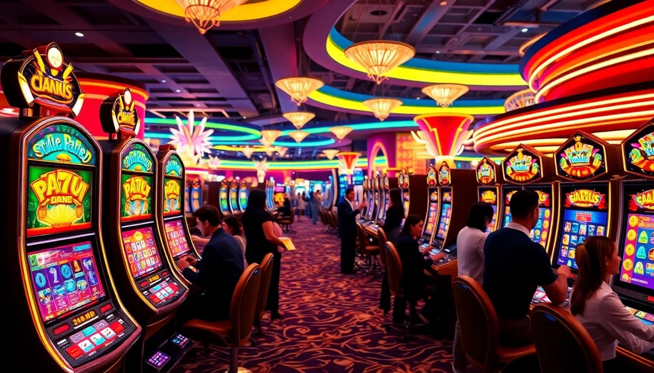 Putaran Slot Depo 5000 yang menarik di kasino yang penuh warna dan cahaya.