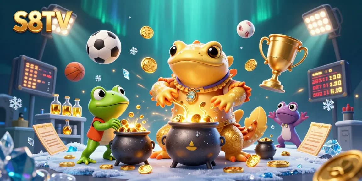 S8TV offers dynamic sports betting action with golden coins and sports elements flying around.