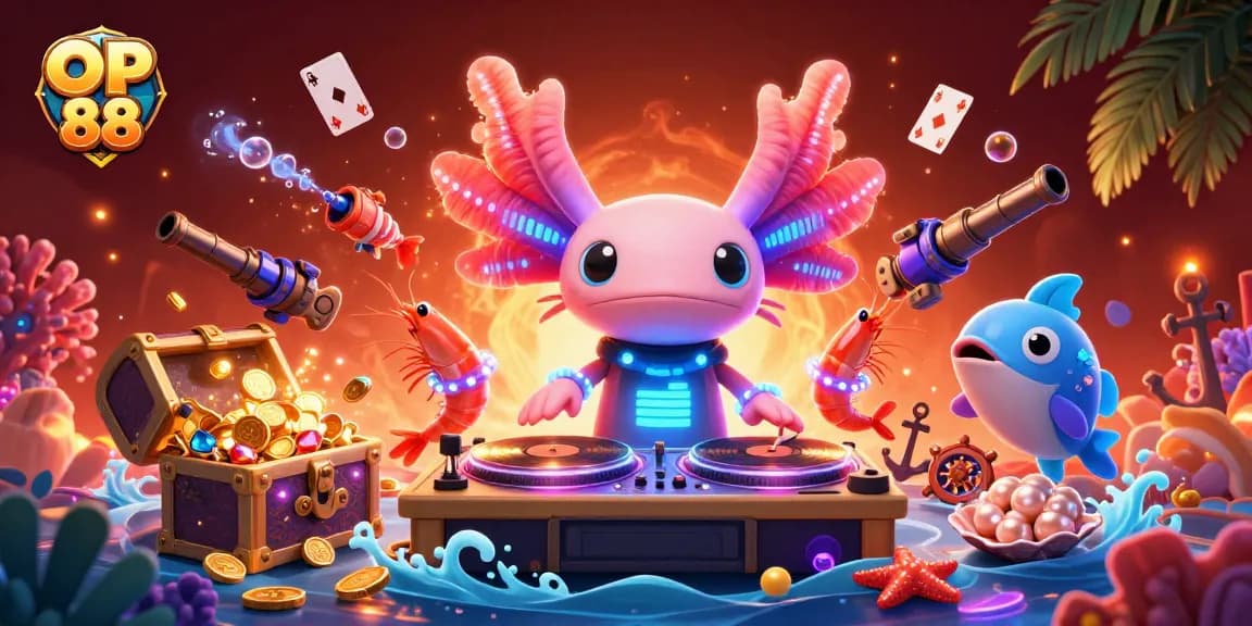 Engaging scene with OP 88 featuring a neon axolotl DJ and lively sea creatures in an underwater casino