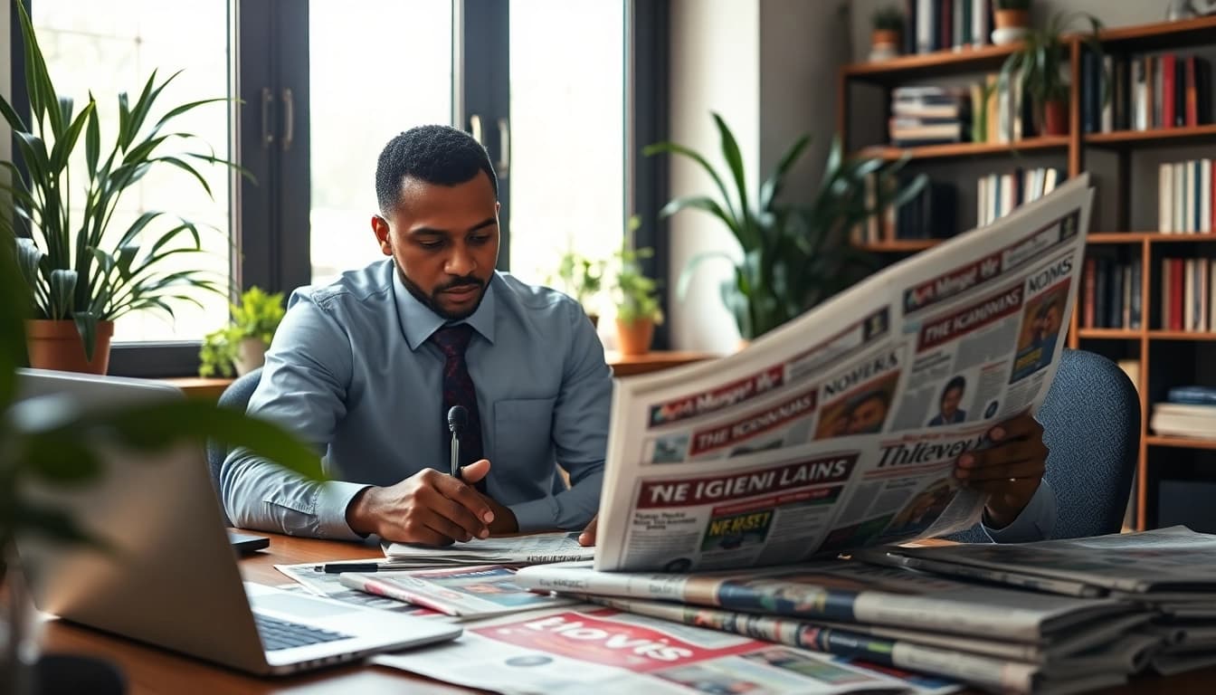 Nigerian Newspapers showcased on a desk with headlines highlighting current events and articles.