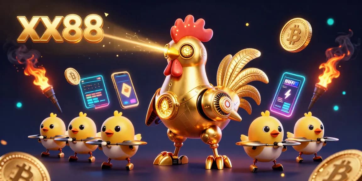 Experience the excitement of xx88's online casino with a vibrant 3D illustration of a golden rooster robot and crypto elements.