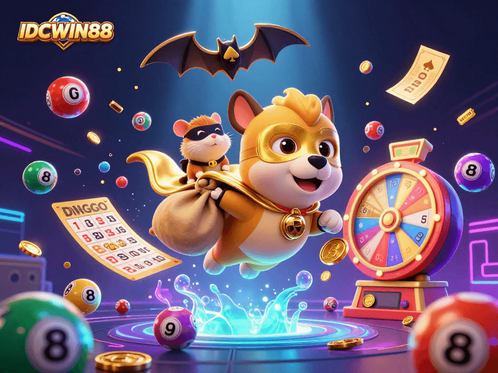 Engage with IDCWIN88 as a superhero dog flies with gold coins in this vibrant casino-themed illustration.