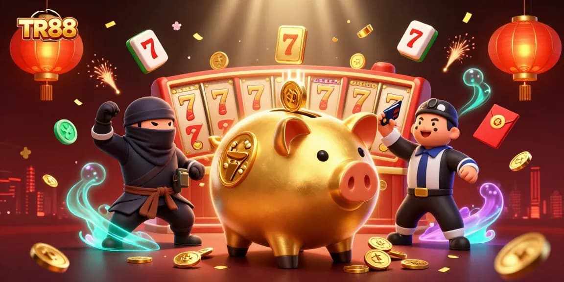 Engage in thrilling gaming action at TR88 with a golden piggy bank sumo wrestler, vibrant decorations, and dynamic casino elements.