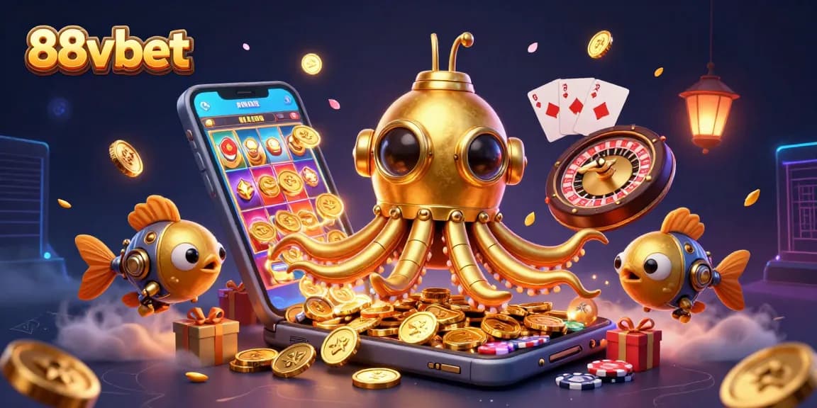 Experience 88vbet with a dynamic underwater scene featuring a golden kraken and slot games.
