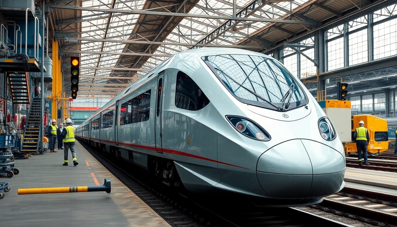 Operations of a railway company showcased with a high-speed train and coordinating workers.