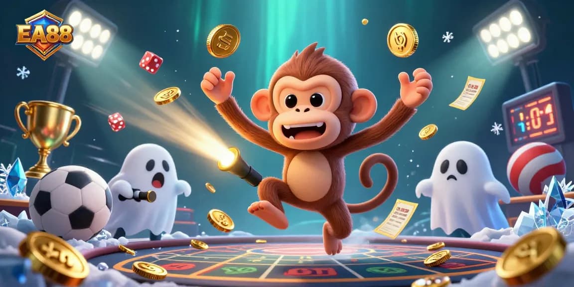 EA88 showcases a mischievous monkey juggling golden casino items in a vibrant gaming scene
