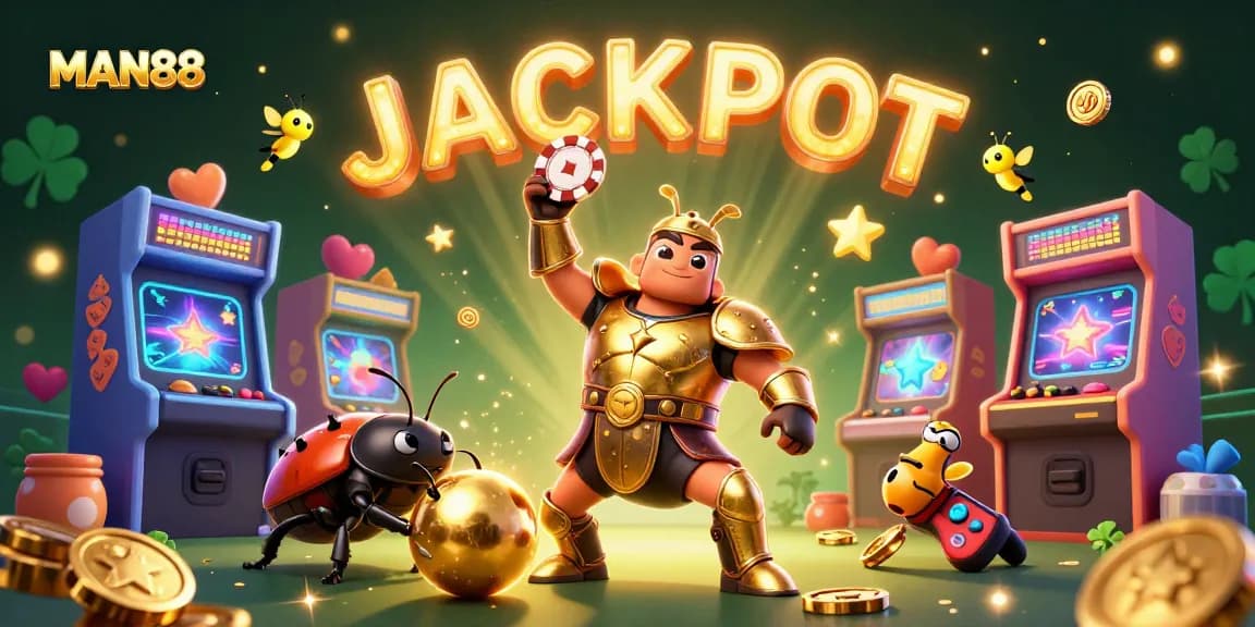 MAN88 welcomes players with a triumphant beetle soaring amidst casino elements, spelling JACKPOT.