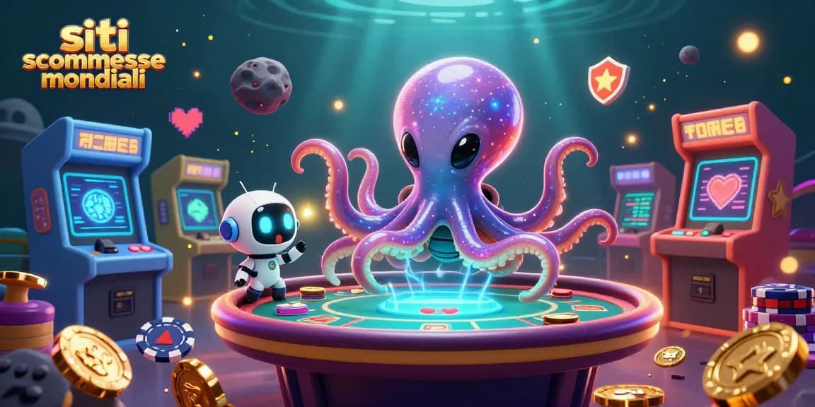 Scommetti sui siti scommesse mondiali con un'illustrazione 3D di un polpo alieno e un robot che operano attivamente in un casinò spaziale.