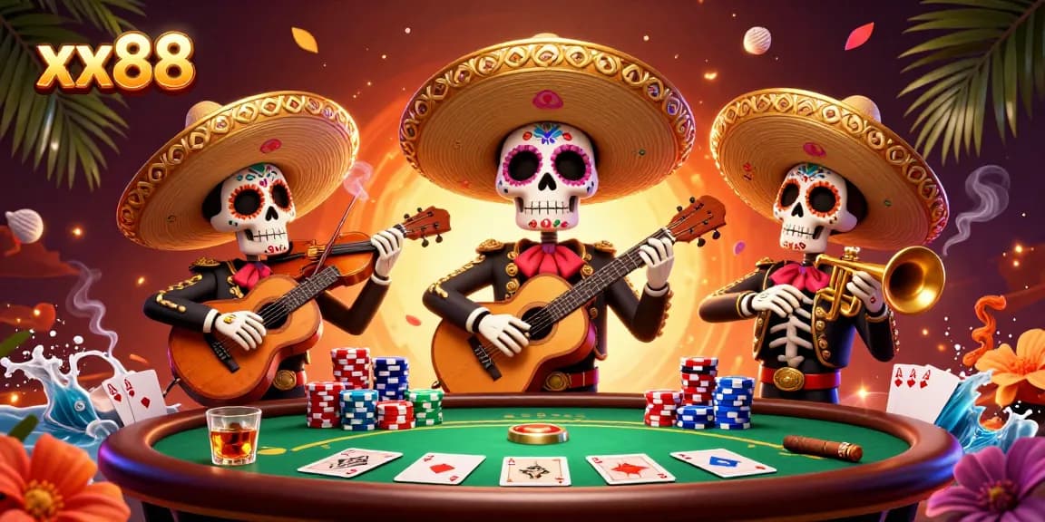 Experience thrilling gameplay at xx88 with poker action among vibrant mariachi skeletons.
