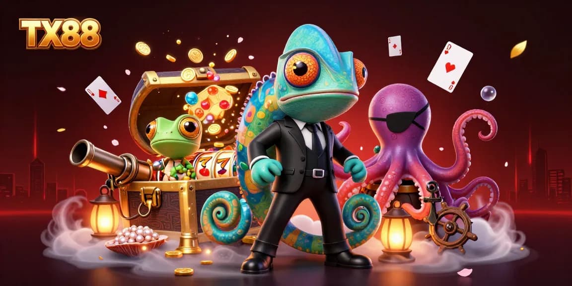 Experience the excitement of TX88 with a colorful illustration featuring a chameleon and friends in a casino adventure.