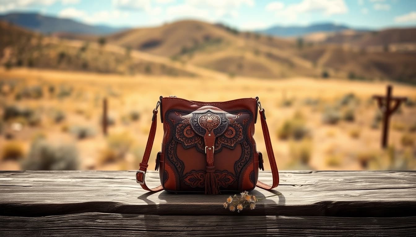 Showcase a stylish western crossbody purse with intricate details, perfect for any ensemble.