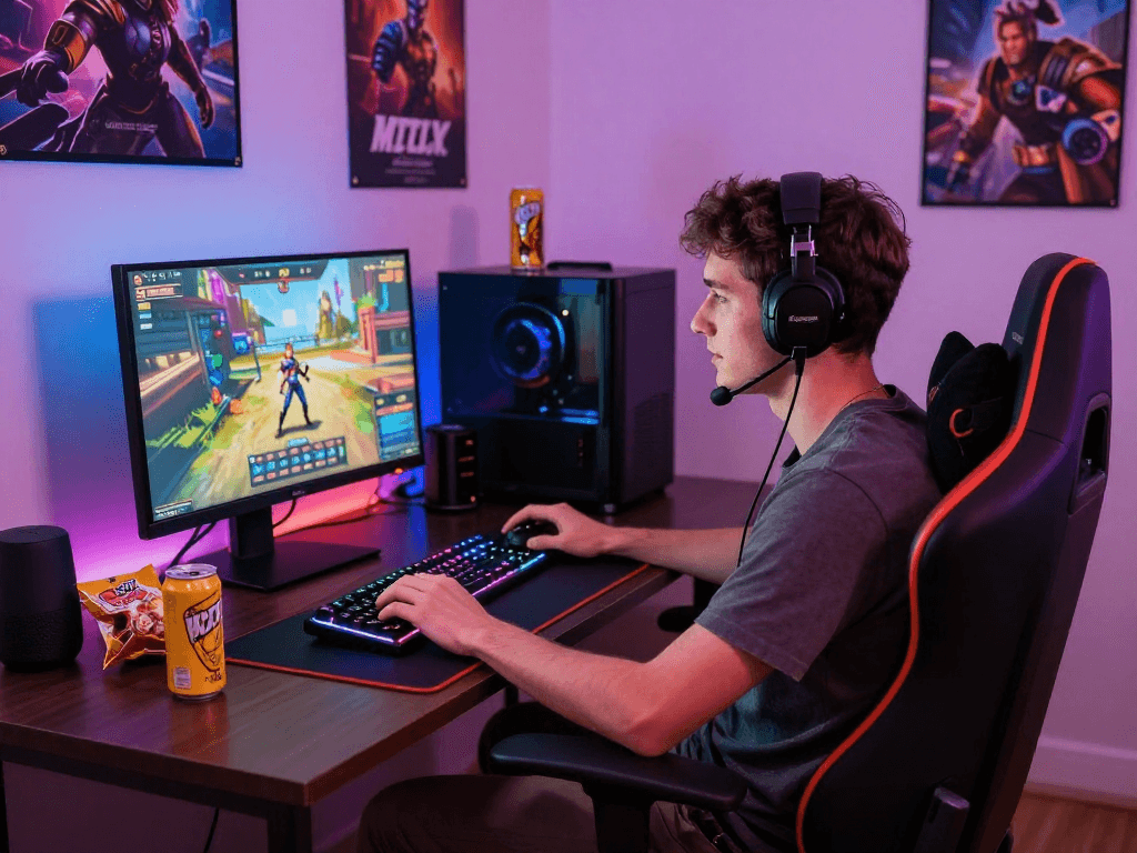 Player enjoying a porn game on a gaming setup with vibrant colors and engaging atmosphere.