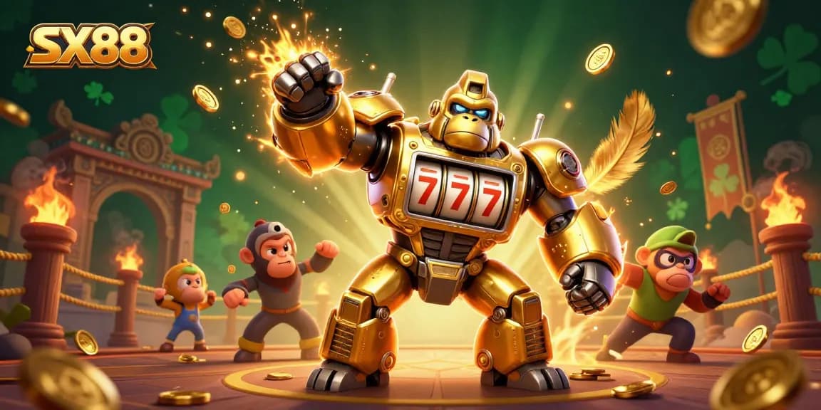 SX88 showcases an exhilarating scene with a golden mech gorilla, slot machine elements, and dynamic casino action.