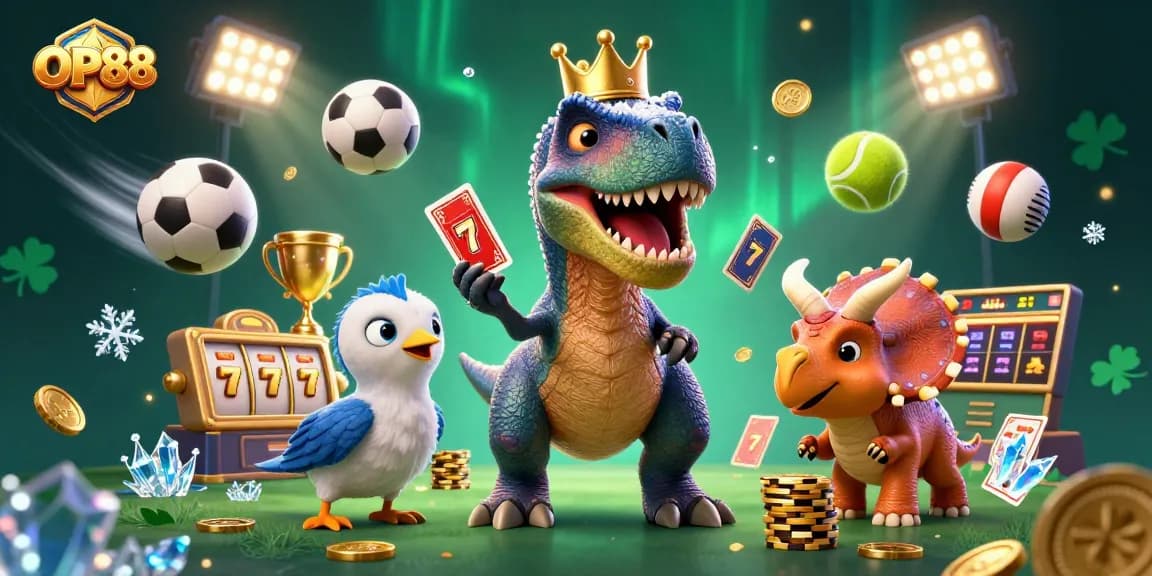 Join the fun at OP88 with a T-Rex shuffling cards and a baby triceratops stacking chips!