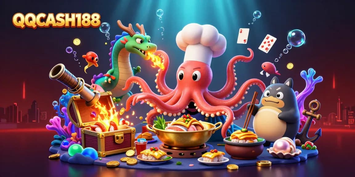 Experience the excitement of QQCASH188 with animated casino-themed characters amidst colorful treasures.