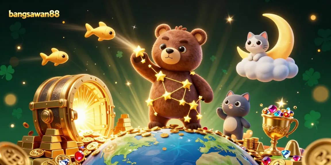 Bangsawan88 shines in the night sky as the constellation bear scoops coins amid treasures, offering exciting winning potential.