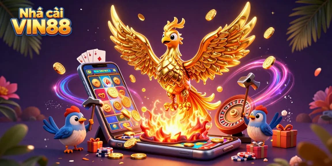Experience exciting gameplay at Nhà cái VIN88 with a dynamic illustration of casino elements.