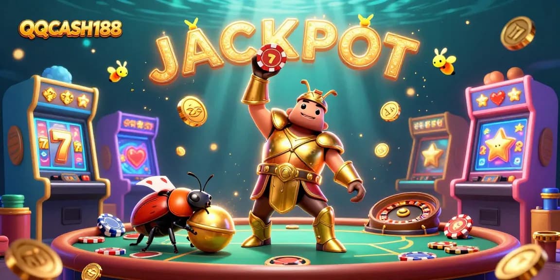 Experience the excitement of QQCASH188, where a hercules beetle celebrates hitting the jackpot with joyful gaming elements.