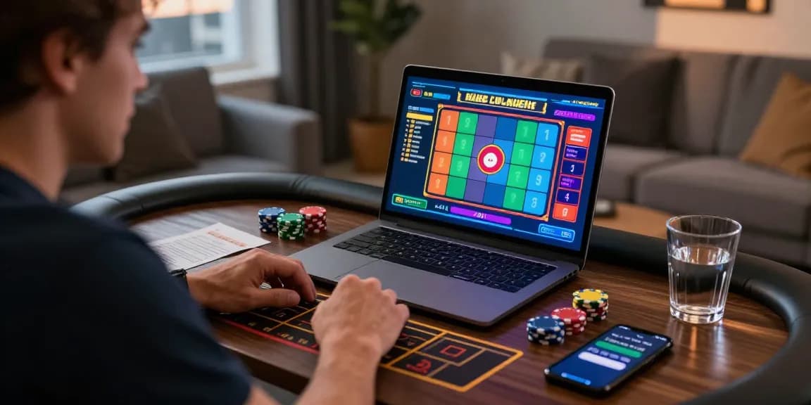 Engaging player focused on color prediction gaming at https://mycolourtrading.com/ with vibrant digital interface and urban home backdrop.