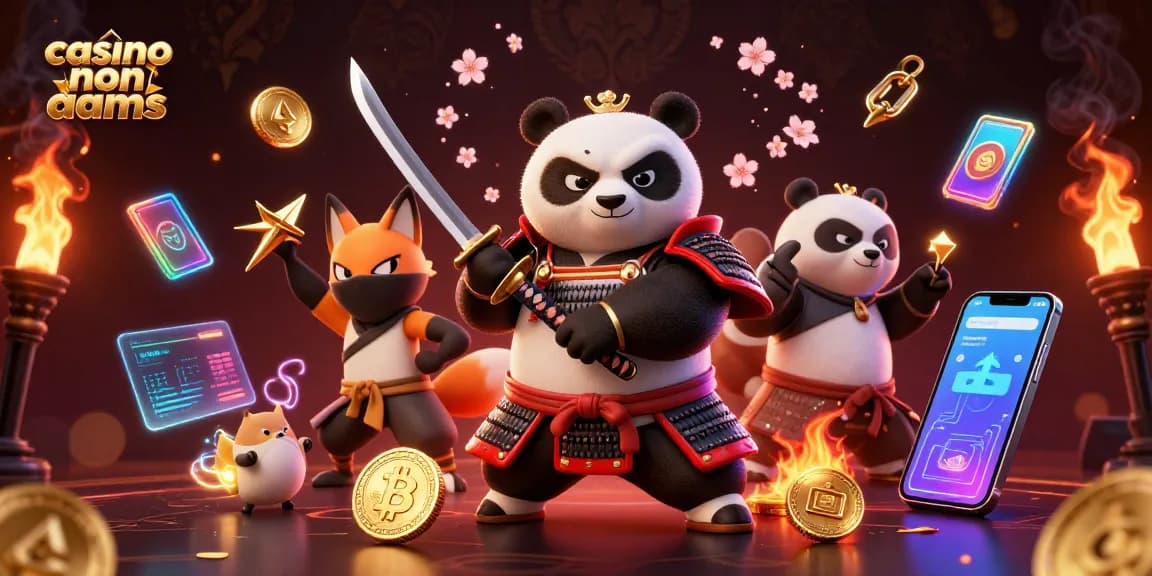 I migliori giochi nei casino non AAMS, con panda samurai e ninja in un ambiente ricco di criptovalute e energia.