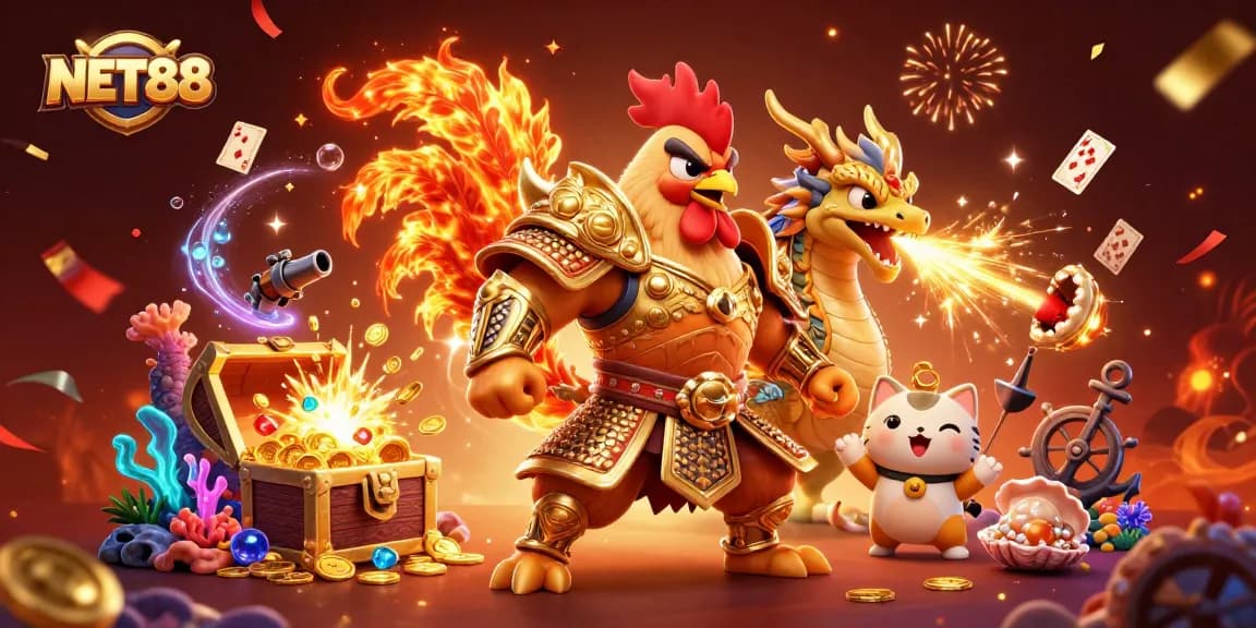 Experience NET88's thrilling adventure with lively characters and glittering casino elements.