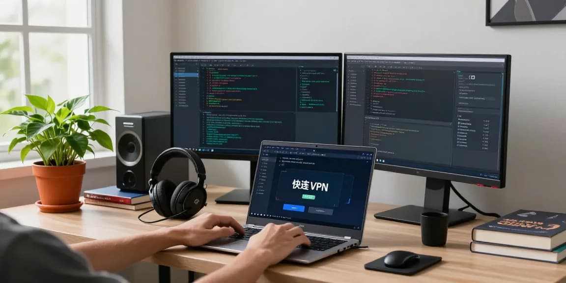 快连用户在现代化技术工作空间中使用VPN，展示高效的网络连接解决方案。