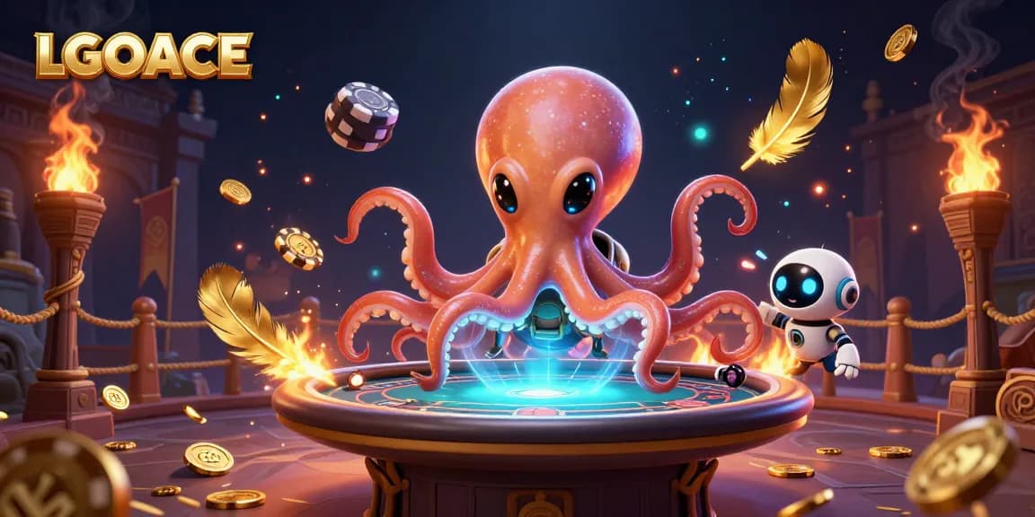 LGOACE showcases a dynamic alien octopus running a holographic poker table, surrounded by vibrant gaming elements.