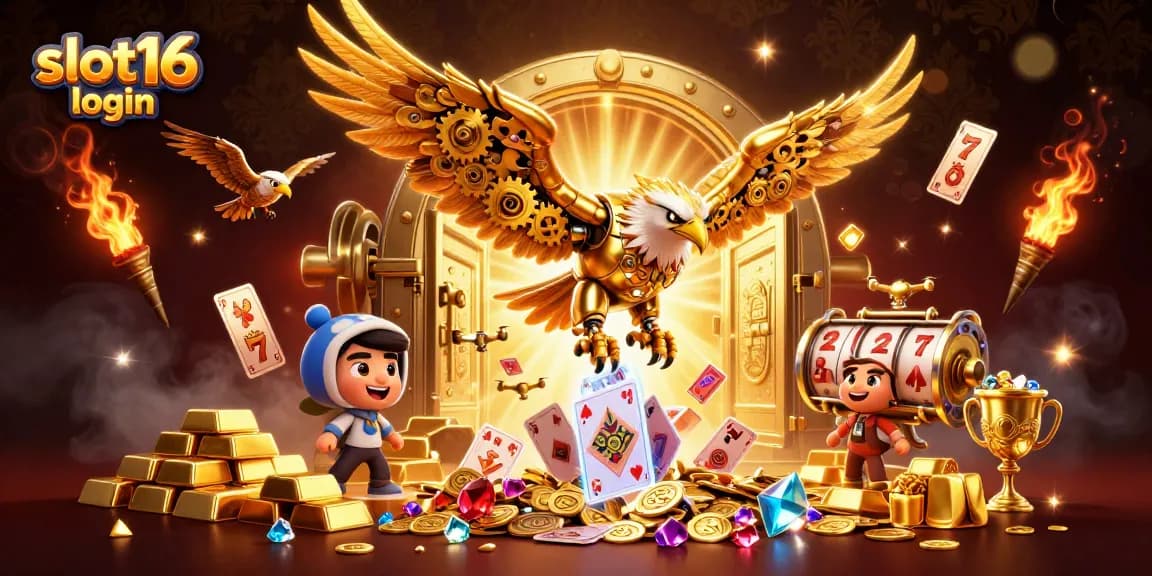 Engage with slot16 login as a 3D cybernetic eagle dives through vibrant casino elements.