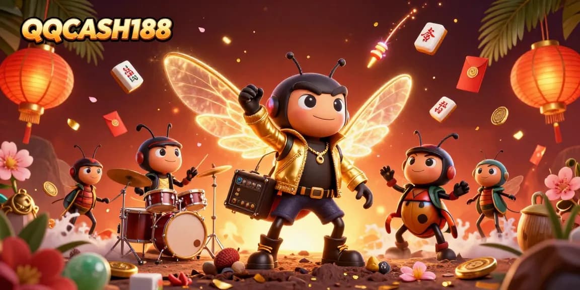 Engage with QQCASH188 as a cicada rock star leads a vibrant casino celebration.