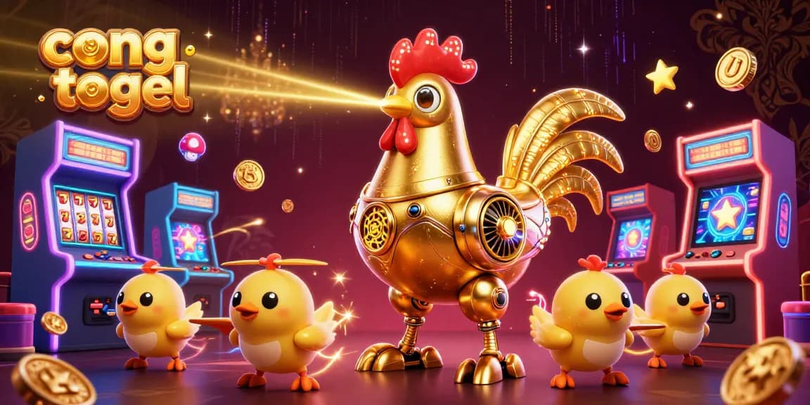 Experience the excitement of cong togel with a futuristic golden rooster robot and arcade elements in a vibrant casino scene.