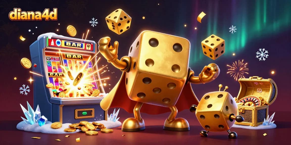 Experience exciting gameplay at diana4d with vibrant 3D illustration of dice and casino elements.