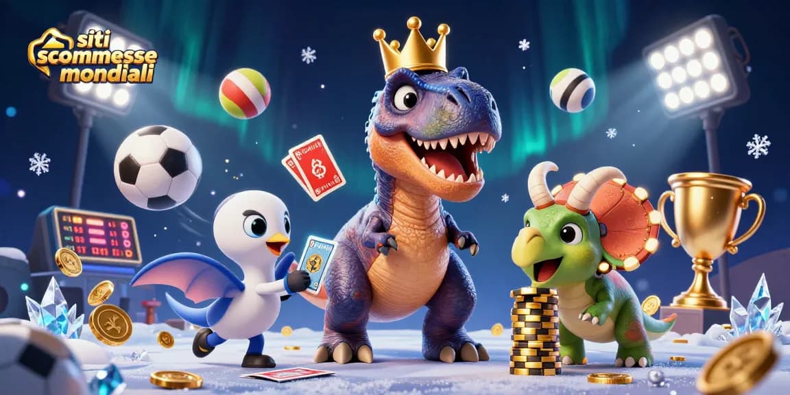 Scommettere sui siti scommesse mondiali con T-Rex e triceratopo accanto a palloni da sport