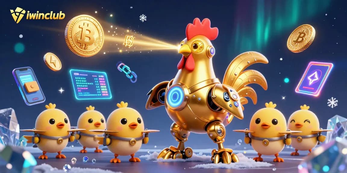 Engage with iwinclub in a vibrant 3D scene featuring a golden rooster robot and crypto elements.