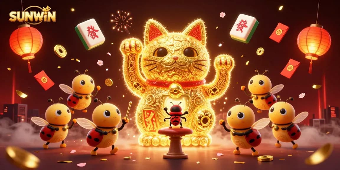 SUNWIN showcases a vibrant 3D casino scene with a lucky cat and conductor beetle, highlighting the essence of gambling.