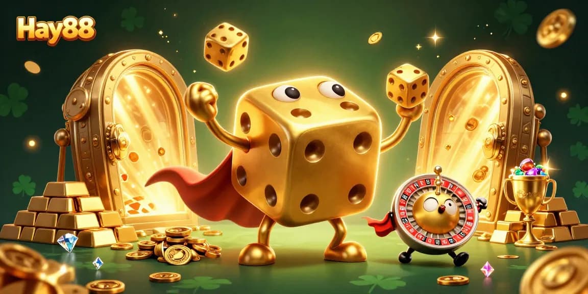 Hay88's golden dice golem juggling treasures, showcasing the excitement of betting in a vibrant digital casino.