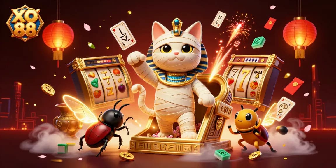 Spin the reels with XO 88 in a dynamic pyramid casino scene featuring a mummy cat and glowing elements.