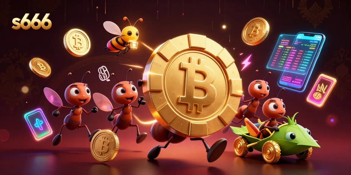 Catch the action of s666 as ants execute a heist with a giant poker chip amidst glowing cryptocurrency elements.