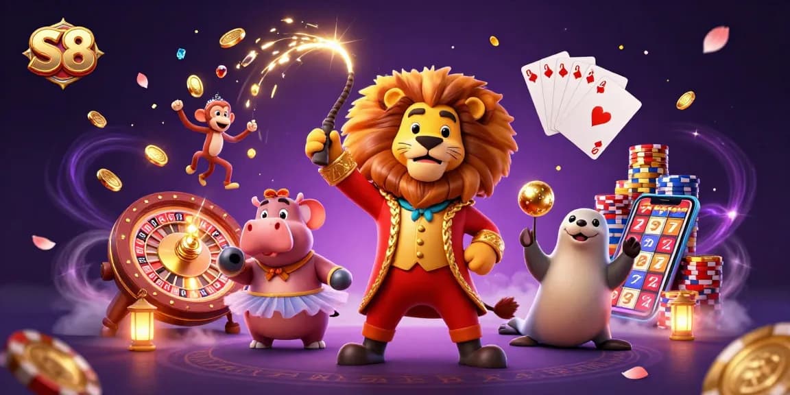 Experience vibrant casino excitement with S8's playful characters amidst cascading coins and slots.