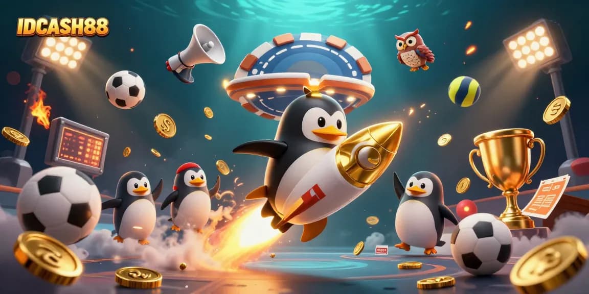 IDCASH88 showcases a golden penguin rocket propelled toward a casino space station amidst dynamic sports elements.