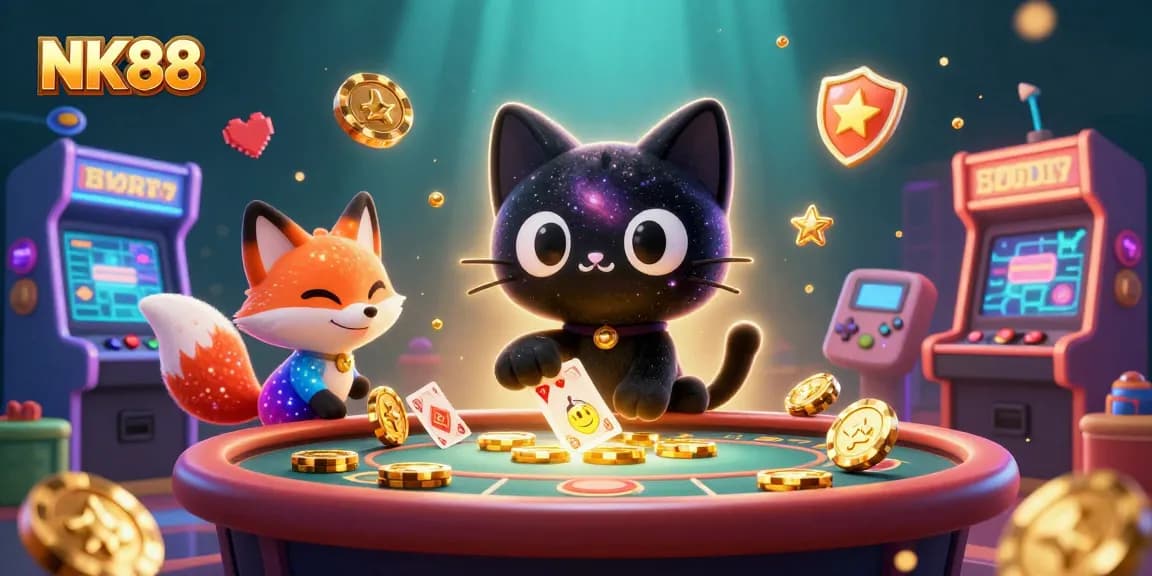 Engage with NK88 as a black hole cat attracts golden chips in a vibrant cosmic casino scene.