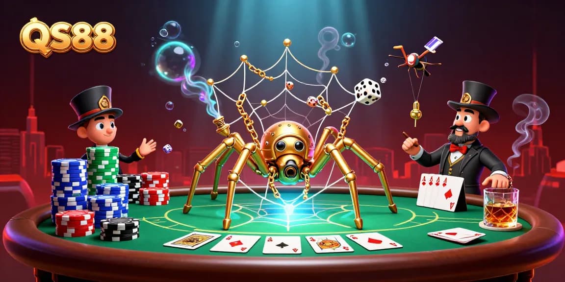 Experience QS88's dynamic gambling world with a steampunk spider and poker chips.